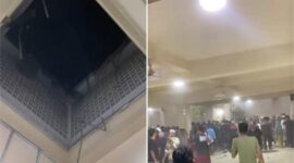 Foto Kolase : Kubah masjid Tifaqul Jamaah, di Jalan Barukang, Kota Makassar, ambruk