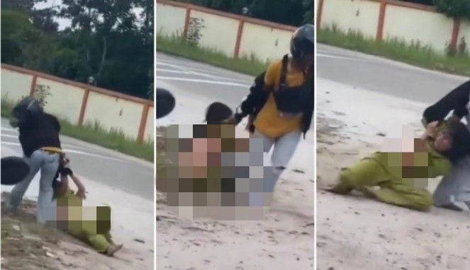 Foto Kolase : Sebuah video aksi penganiayaan seorang pria terhadap wanita viral di medsos