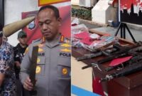 Foto Kolase : Kapolrestabes Makassar, Kombes Pol Mokhamad Ngajib dan barang bukti tombak, busur dan senapan angin