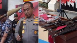 Foto Kolase : Kapolrestabes Makassar, Kombes Pol Mokhamad Ngajib dan barang bukti tombak, busur dan senapan angin