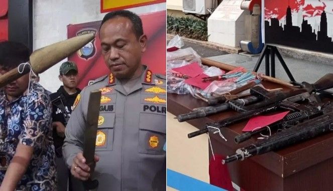 Foto Kolase : Kapolrestabes Makassar, Kombes Pol Mokhamad Ngajib dan barang bukti tombak, busur dan senapan angin