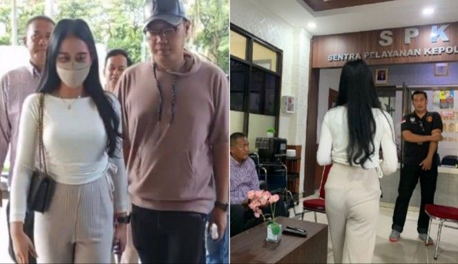 Foto Kolase : Karyawati AD (24) saat mendatangi Mapolres Metro Bekasi