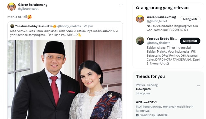 Tangkapan layar twitter Gibran Rakabuming