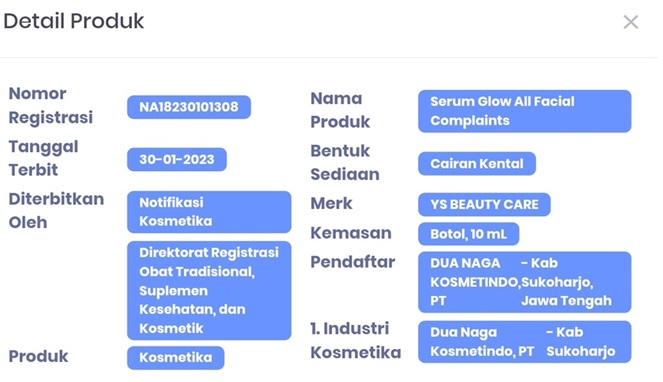 Produk YS Beauty Care BPOM (Tangkapan Layar Website Cek Produk BPOM)
