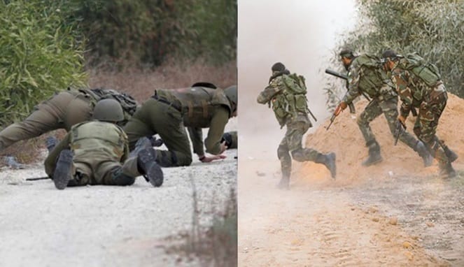 Foto Kolase : Militer Israel (kiri, tiarap) dan Militer Hamas (kanan, menyerang)