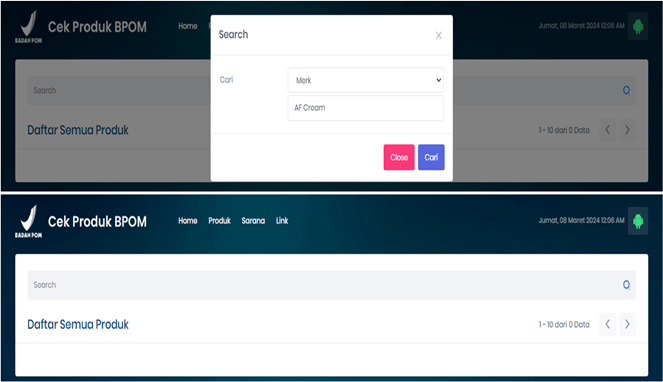 Tangkapan layar hasil cek produk BPOM merk AF Cream tidak ditemukan