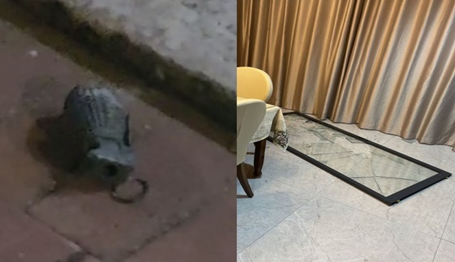 Foto Kolase, sebuah granat terlempar hingga ke halaman rumah warga akibatkan kaca pecah