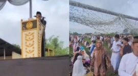 Khatib Salat Id Untung Cahyono dan jemaah yang bubar saat mendengarkan khotbah pemilu curang (Foto Kolase)