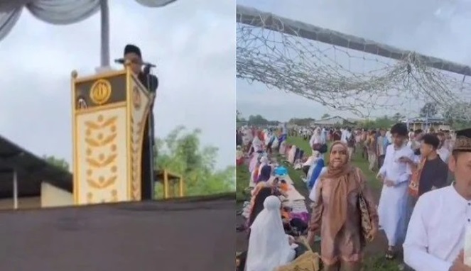 Khatib Salat Id Untung Cahyono dan jemaah yang bubar saat mendengarkan khotbah pemilu curang (Foto Kolase)