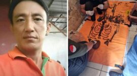 Foto Kolase : Tampang Suami Pembunuh yang Cor Istri di Makassar (Kiri) dan karangka tulang korban (kanan) 