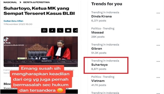 Tangkapan layar video di media sosial X Twitter : Ketua MK Suhartoyo Terseret Kasus BLBI