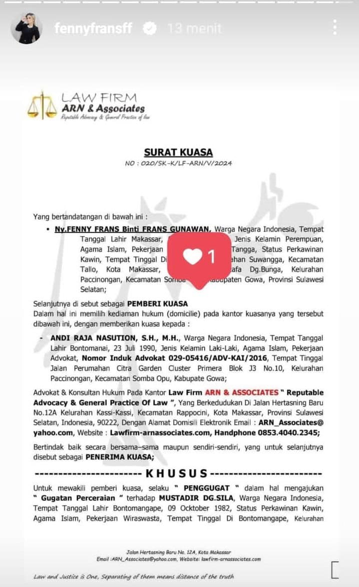 Unggahan Story Instagram Fenny Frans