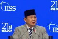 Prabowo saat berbicara di konferensi keamanan utama Asia Dialog Shangri-La pada Sabtu (1/6/2024).