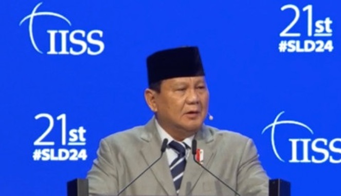 Prabowo saat berbicara di konferensi keamanan utama Asia Dialog Shangri-La pada Sabtu (1/6/2024).