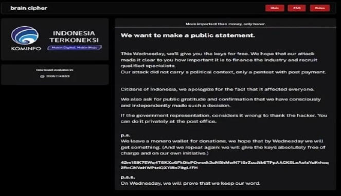 Kelompok peretas PDN Brain Cipher (Tangkapan Layar)