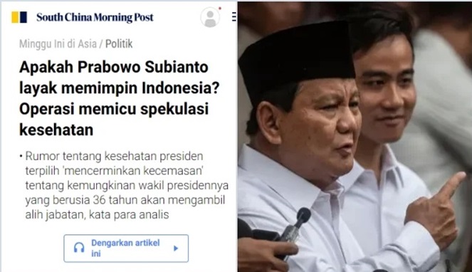 Tangkapan Layar Media Asing menyoroti kondisi kesehatan Prabowo yang memprediksi Gibran yang akan mengambil alih (Foto Kolase)