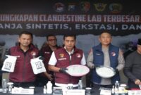 Kabareskrim Polri menunjukkan barang bukti saat konferensi pers pengungkapan pabrik ganja sintetis di Kota Malang (Foto Humas Polri)