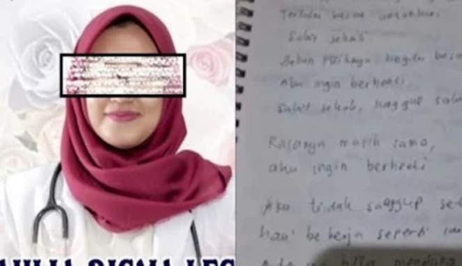 Foto Kolase : Dokter Aulia Risma Lestari dan Catatan pribadi yang memperlihatkan indikasi kuat adanya perundungan (Ist)