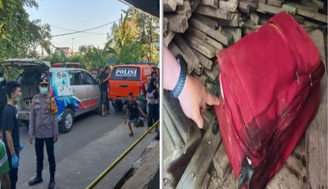 Lokasi penemuan jasad perempuan dalam koper merah yang kini dipasangi garis polisi (Foto Kolase)