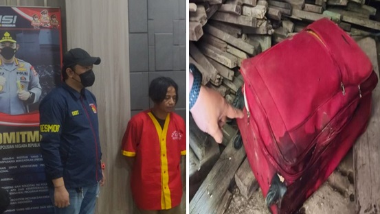 Foto Kolase : Pelaku AR dan Mayat Wanita dalam koper merah di Pangkep (Ist)