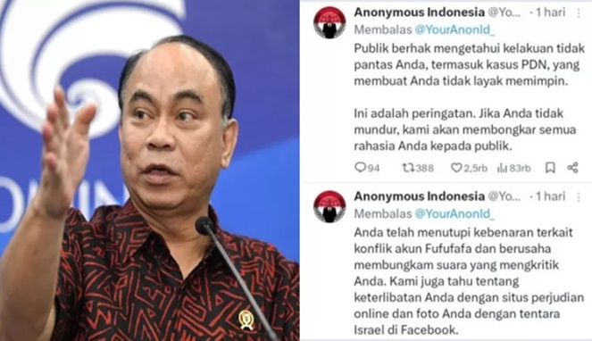 Foto Kolase : Menkominfo Budi Arie Setiadi dan Postingan Status Anonymous