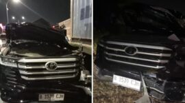 Foto Kolase : Mobil Land Cruiser yang dikemudikan Owner Pallubasa Serigala hancur dan merenggut nyawa istri dan anak