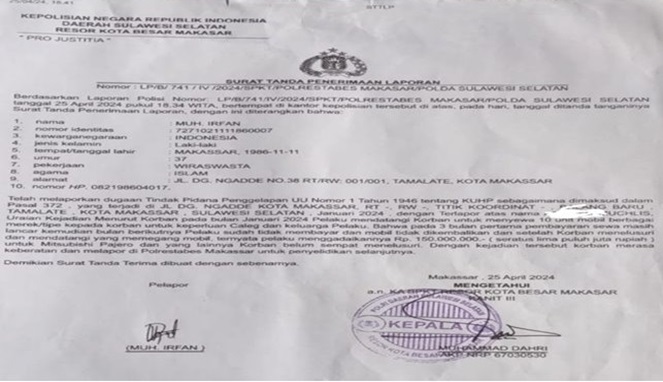 Laporan Polisi Kasus Penggelapan 10 Mobil Rental di Makassar
