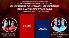 Lembaga survei Parameter Publik Indonesia (PPI) merilis hasil survei elektabilitas paslon Pilgub Sulsel 2024 khusus di Kota Makassar.