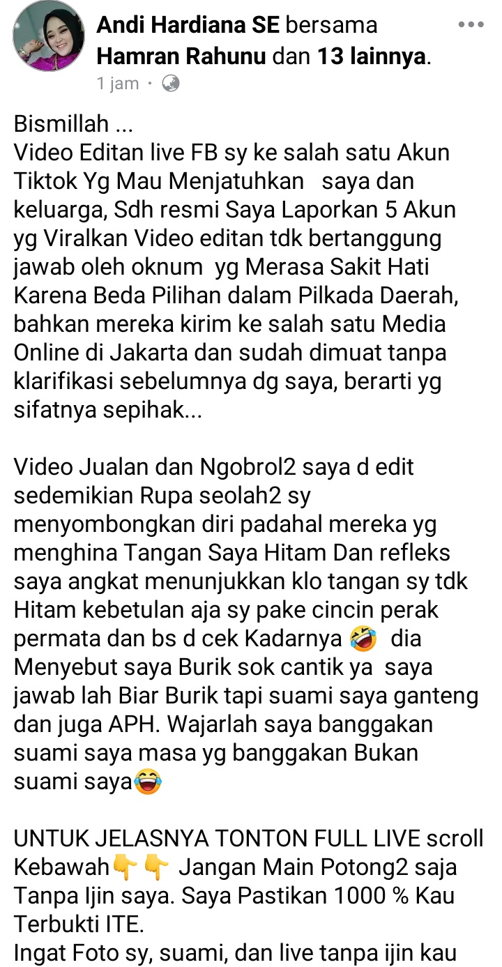 Andi Hardiana memberikan klarifikasi sekaligus melaporkan akun yang menjatuhkannya (Screenshot)