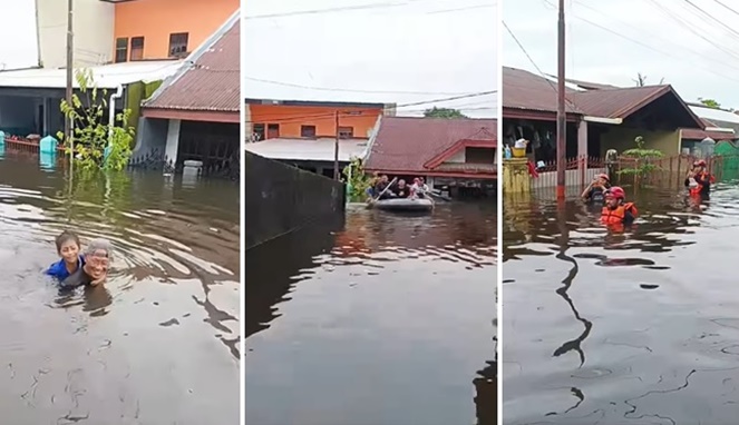 Foto Kolase : Kondisi terkini banjir di Jalan Ujung Bori Raya Blok 8/RW 08 Perumnas Antang, Kecamatan Manggala, Kota Makassar