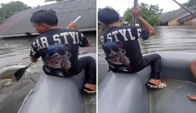 Foto Kolase : Kondisi Banjir di Blok 8 Perumnas Antang, Kecamatan Manggala, Kota Makassar Mencapai Atap Rumah