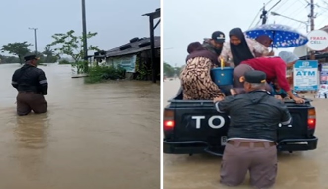 Foto Kolase : Kapolres Barru Terobos Banjir dan Evakuasi Warga