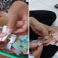 Foto Kolase : Warga menunjukkan uang palsu yang beredar di Sulsel.