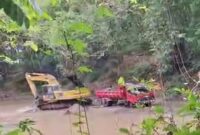 Excavator terlihat sibuk menggali dan mengangkut material ke dalam dump truck di lokasi tambang ilegal Bone