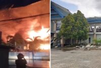 Foto Kolase : Kantor Disdik Saat Terbakar dan Penampakan Setelah Kebakaran