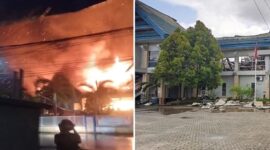 Foto Kolase : Kantor Disdik Saat Terbakar dan Penampakan Setelah Kebakaran