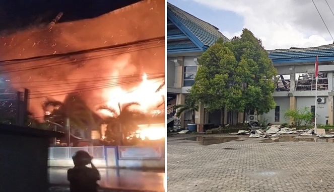 Foto Kolase : Kantor Disdik Saat Terbakar dan Penampakan Setelah Kebakaran