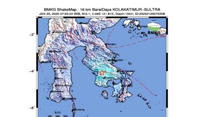 Tangkapan Layar Peta Gempa Bumi Magnitudo 5,1 di Kolaka Timur