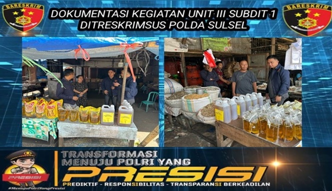 Tim Subdit 1 Indag Ditreskrimsu Polda Sulsel mengecek stablitas harga minyak goreng di Pasar Tradisional (Dok Polda Sulsel).