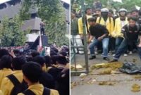 Foto Kolase : Aksi demonstrasi mahasiswa ricuh diwarnaoi aksi lempar kotoran sebagi simbol kekecewaan terhadap pemerintah. (Ist)