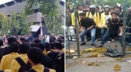 Foto Kolase : Aksi demonstrasi mahasiswa ricuh diwarnaoi aksi lempar kotoran sebagi simbol kekecewaan terhadap pemerintah. (Ist)