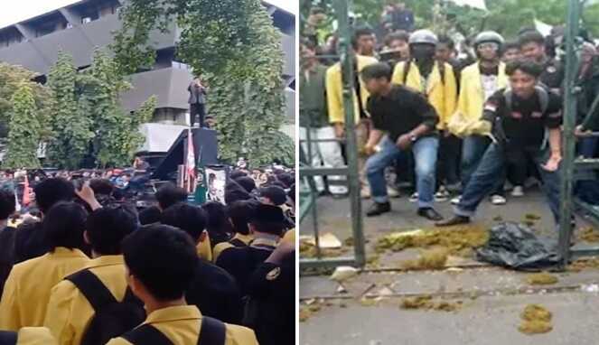 Foto Kolase : Aksi demonstrasi mahasiswa ricuh diwarnaoi aksi lempar kotoran sebagi simbol kekecewaan terhadap pemerintah. (Ist)