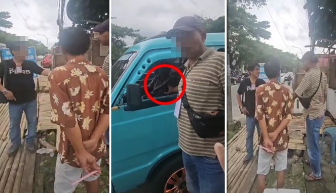 Foto Kolase : Wartawan tim investigas media (kiri) dan preman ‘juru pajak’ jalanan (kanan) saat adu mulut hingga nyaris adu jotos usai ketahuan malak para sopir pete-pete di Makassar