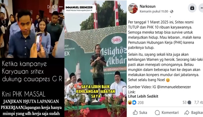 Foto Kolase : Janji Manis Gibran dan Noel Ditagih Karyawan Sritex. Dan Publik Desak Immanuel Noel Mengundurkan Diri