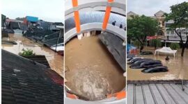 Foto Kolase : Banjir melnada rumah warga, Mal Mega Bekasi, dan sejumlah mobil di Perum Galaxy terendam banjir (Foto Warga Bekasi di Facebook)