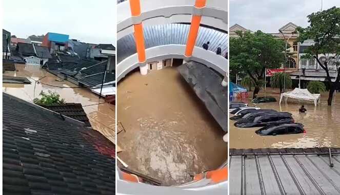 Foto Kolase : Banjir melnada rumah warga, Mal Mega Bekasi, dan sejumlah mobil di Perum Galaxy terendam banjir (Foto Warga Bekasi di Facebook)
