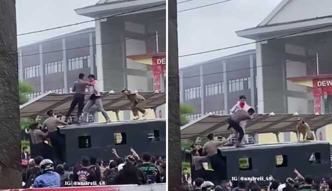 Foto Kolase : Pendemo Vs Polisi Jotos-jotosan di atas Truk