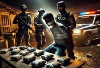 Foto Ilustrasi : Seorang pria dengan tangan terikat dan mulut dilakban duduk di depan meja berisi bungkusan narkotika yang diduga sabu.