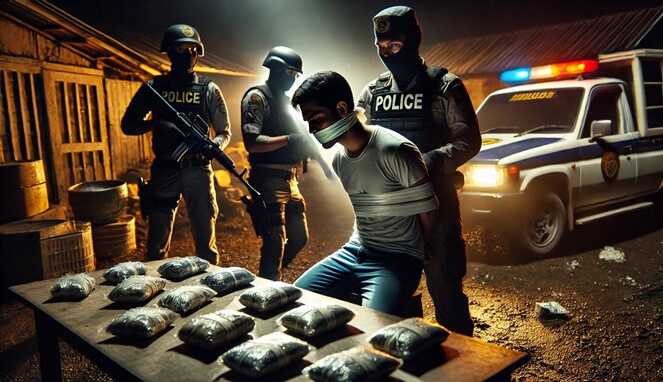 Foto Ilustrasi : Seorang pria dengan tangan terikat dan mulut dilakban duduk di depan meja berisi bungkusan narkotika yang diduga sabu.