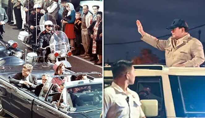 Foto Kolase Ilustrasi  : John F. Kennedy (JFK) Presiden Amerika Serikat ke-35, dibunuh saat berkendara dalam mobil kepresidenan dan Presiden RI Prabowo Subianto (Ist)